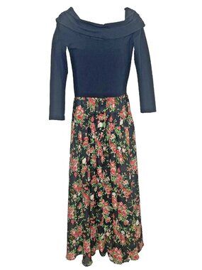 Vintage 80s Tickets Black Floral Midi Dress Size S On/Off Shoulder Drop Waist